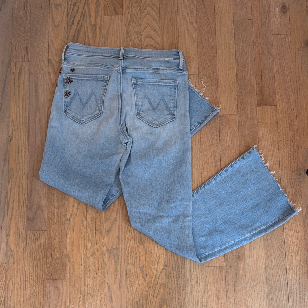 MOTHER Light Blue Flare Jeans Size 28 with embroidery
